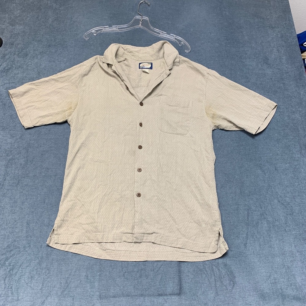 Porcini Shirt Mens Large Beige Silk Blend Relaxed-Fit High Low Slit Button-Up